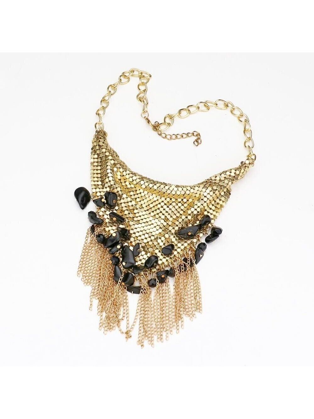 NWT Boho Black Stone Golden Metal Mesh Scarf Fringe Necklace Set